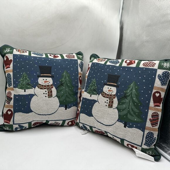 2 Snowman and Mittens Christmas Winter Tapestry Green Backing Throw Pillow 16” - Picture 1 of 5